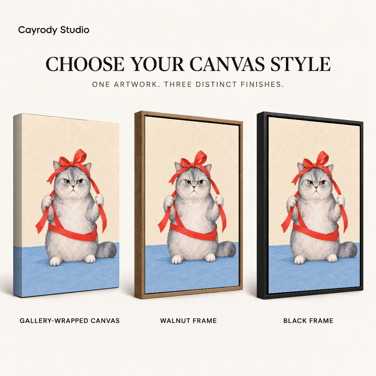 grumpy ribbon cat canvas art compared across gallery-wrapped canvas, walnut frame, and black frame finishes.