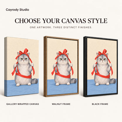 grumpy ribbon cat canvas art compared across gallery-wrapped canvas, walnut frame, and black frame finishes.