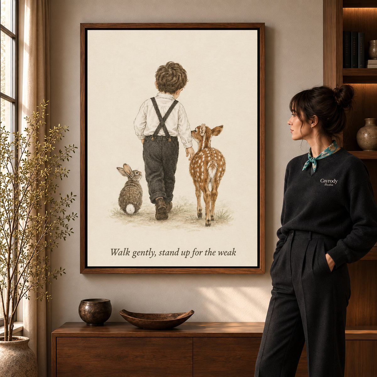 gentle woodland companions canvas art in a walnut frame beside a standing woman and wooden console.