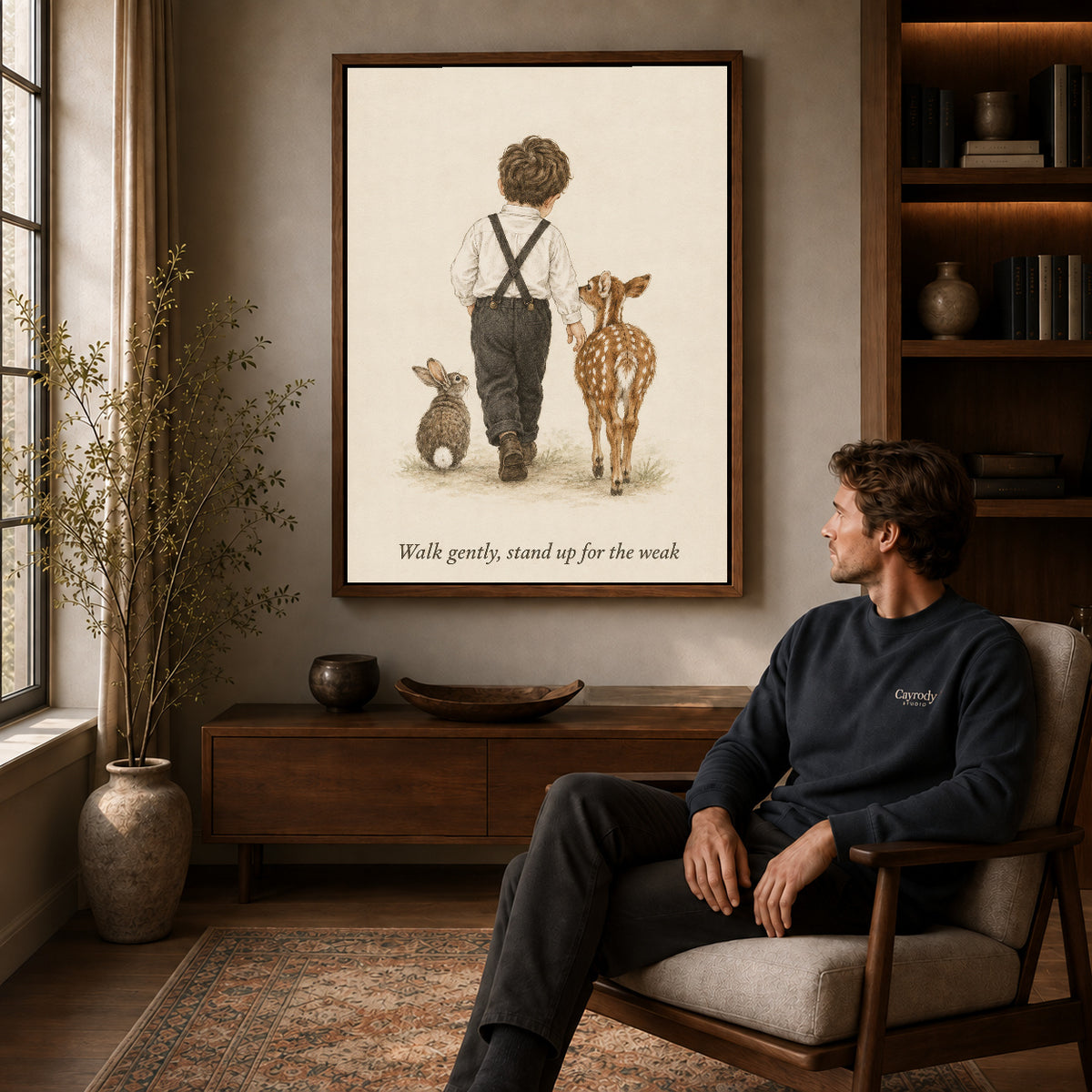gentle woodland companions canvas art in a walnut frame above a console beside a seated man.