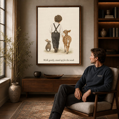 gentle woodland companions canvas art in a walnut frame above a console beside a seated man.