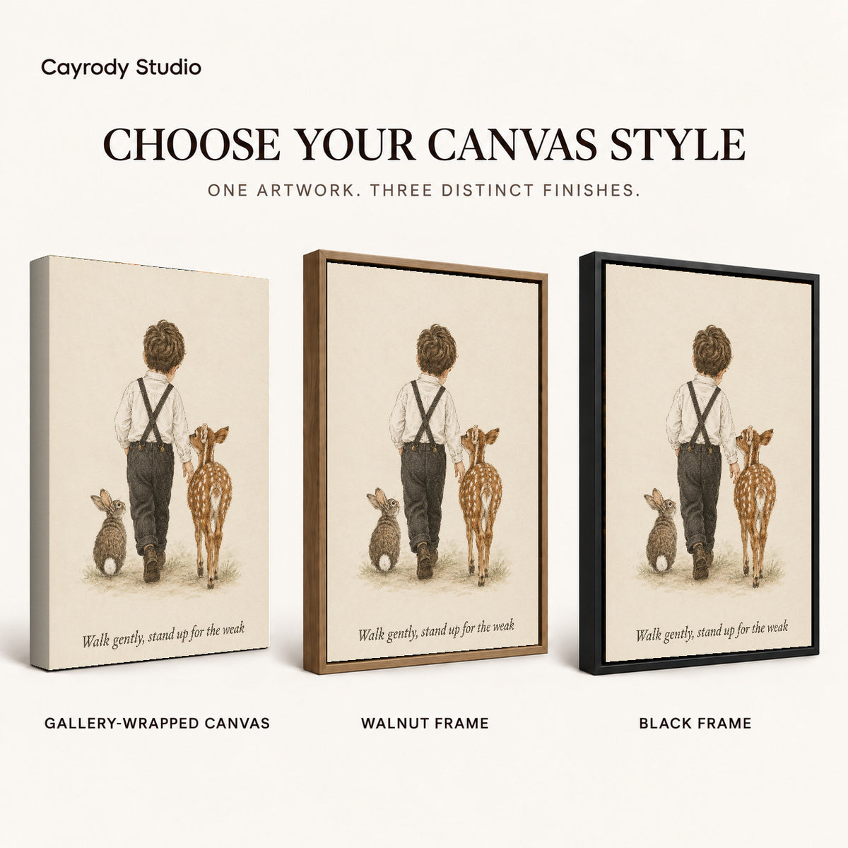 gentle woodland companions canvas art compared across gallery-wrapped canvas, walnut frame, and black frame finishes.
