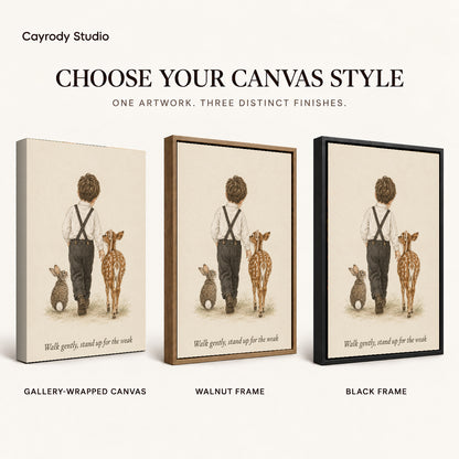 gentle woodland companions canvas art compared across gallery-wrapped canvas, walnut frame, and black frame finishes.