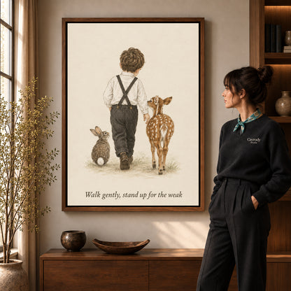 gentle woodland companions canvas art shown in the walnut frame option within a warm living room.
