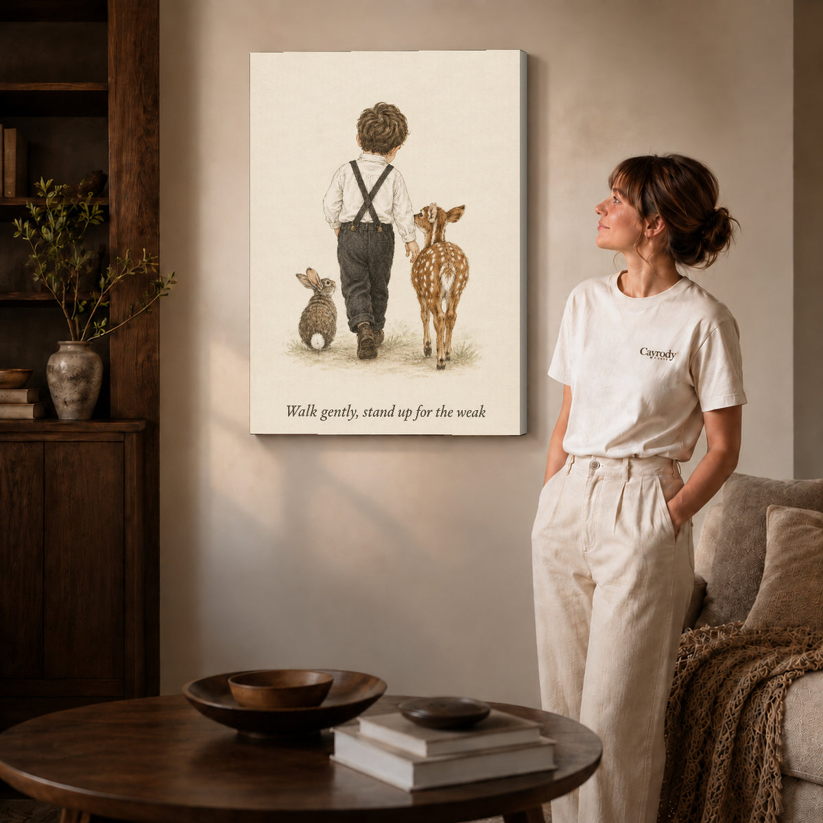 gentle woodland companions canvas art shown in the gallery-wrapped option with visible depth and warm surroundings.