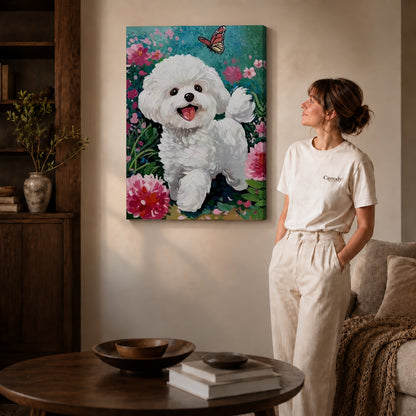 joyful puppy garden canvas art on gallery-wrapped canvas with natural edge shading beside a standing woman.