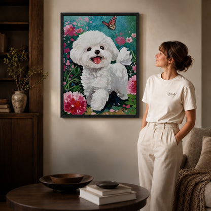 joyful puppy garden canvas art in a black frame beside a woman and round wooden table.