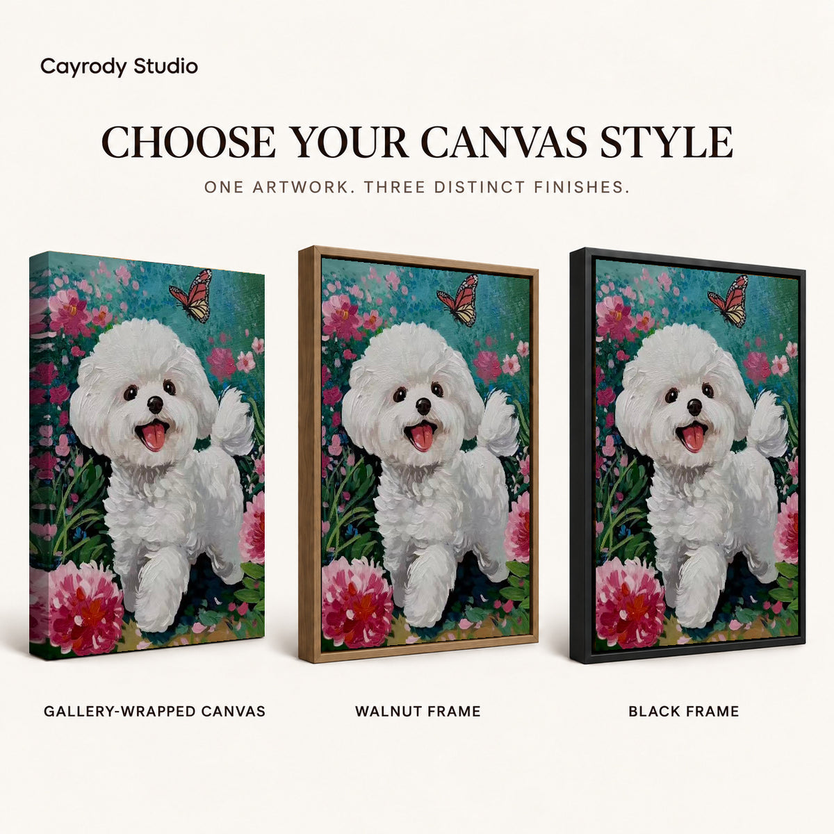 joyful puppy garden canvas art compared across gallery-wrapped canvas, walnut frame, and black frame finishes.
