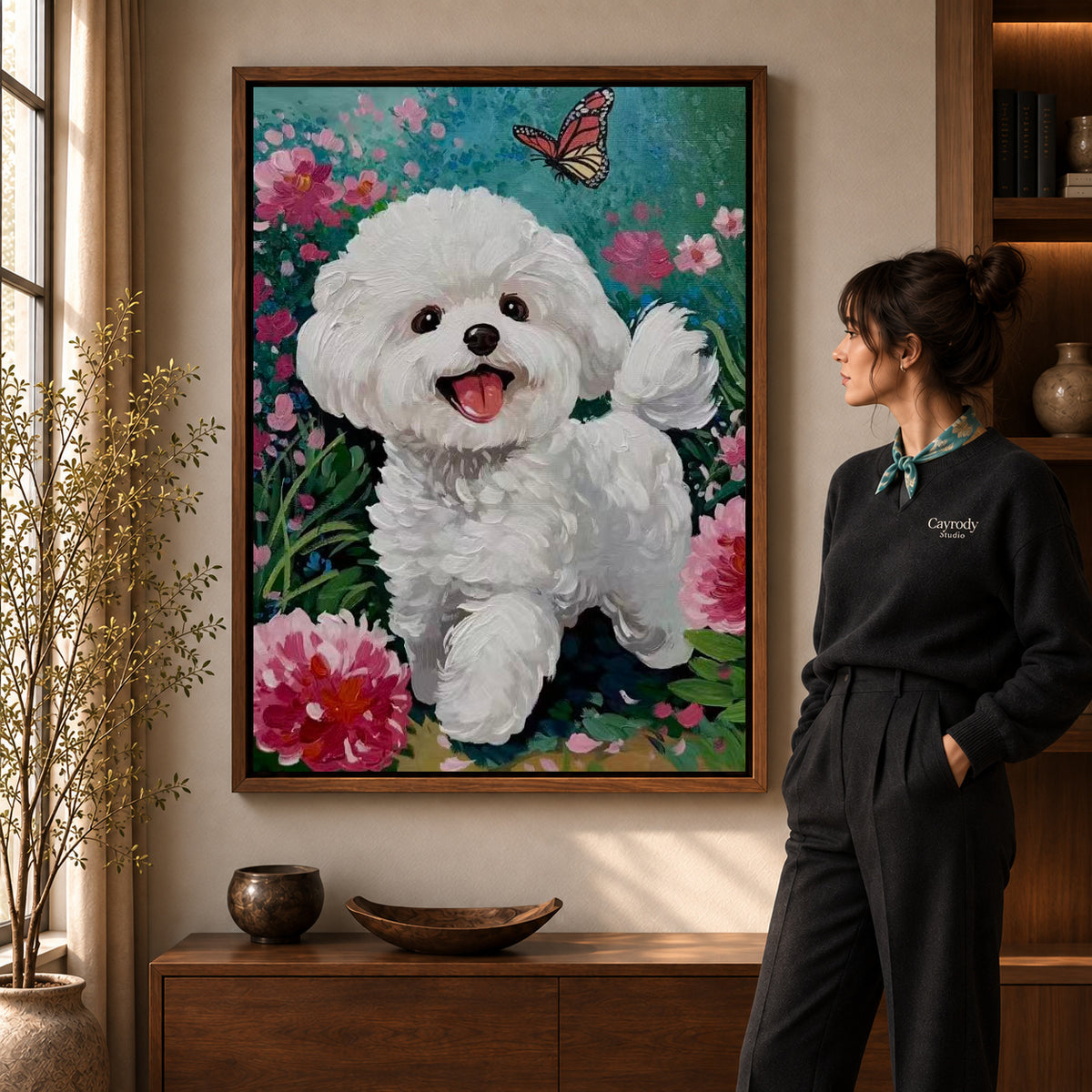 joyful puppy garden canvas art shown in the walnut frame option within a warm living room.