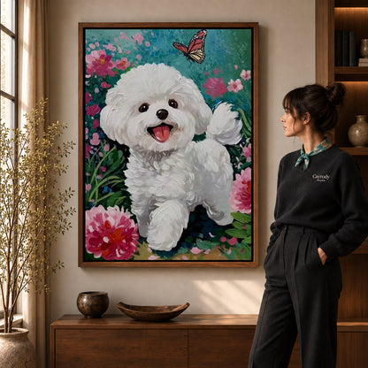 joyful puppy garden canvas art shown in the walnut frame option within a warm living room.