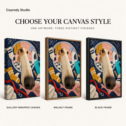 playful laundry dog canvas art compared across gallery-wrapped canvas, walnut frame, and black frame finishes.