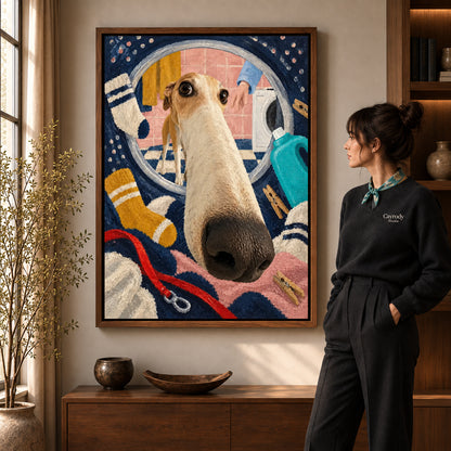 playful laundry dog canvas art shown in the walnut frame option within a warm living room.