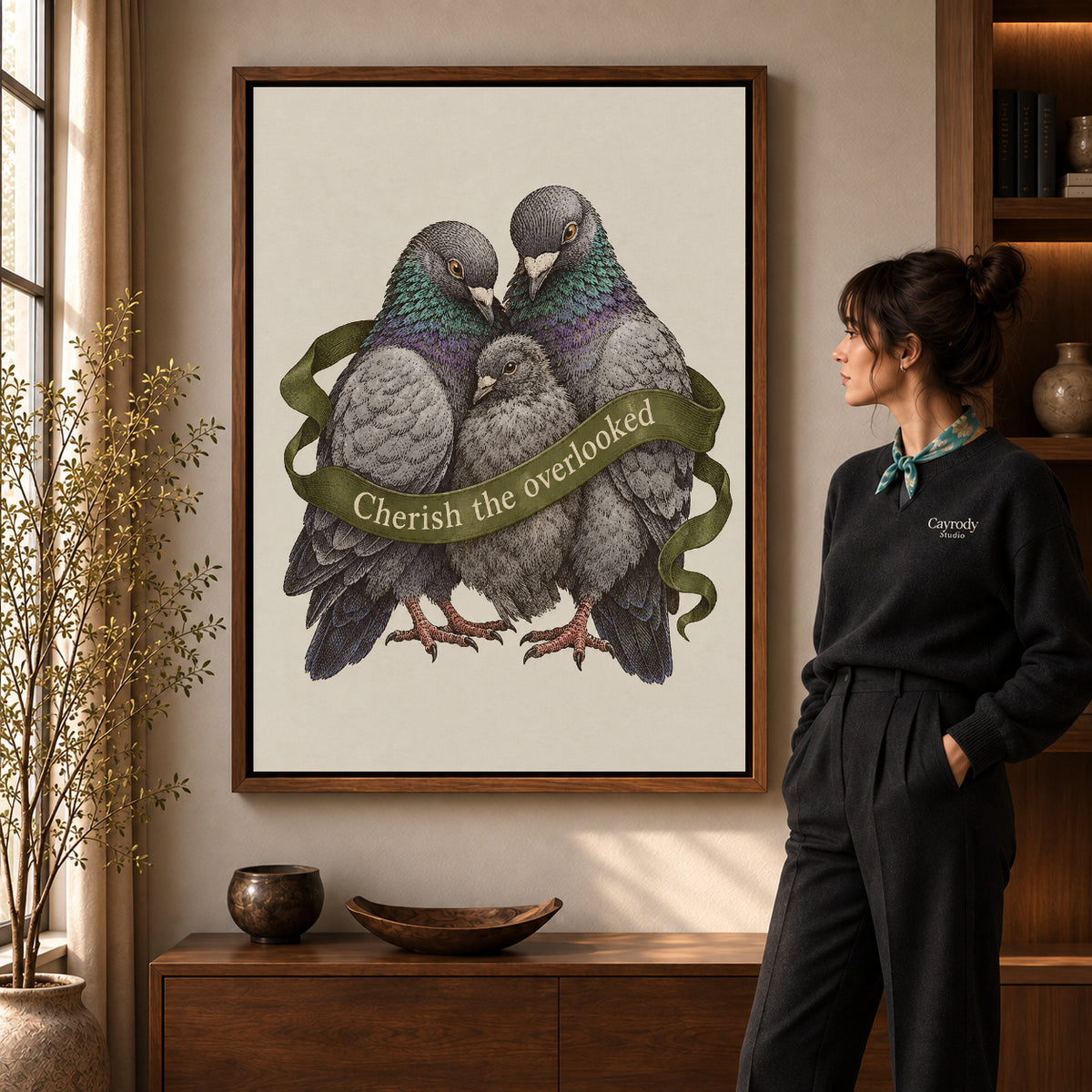tender pigeon family canvas art in a walnut frame beside a standing woman and wooden console.