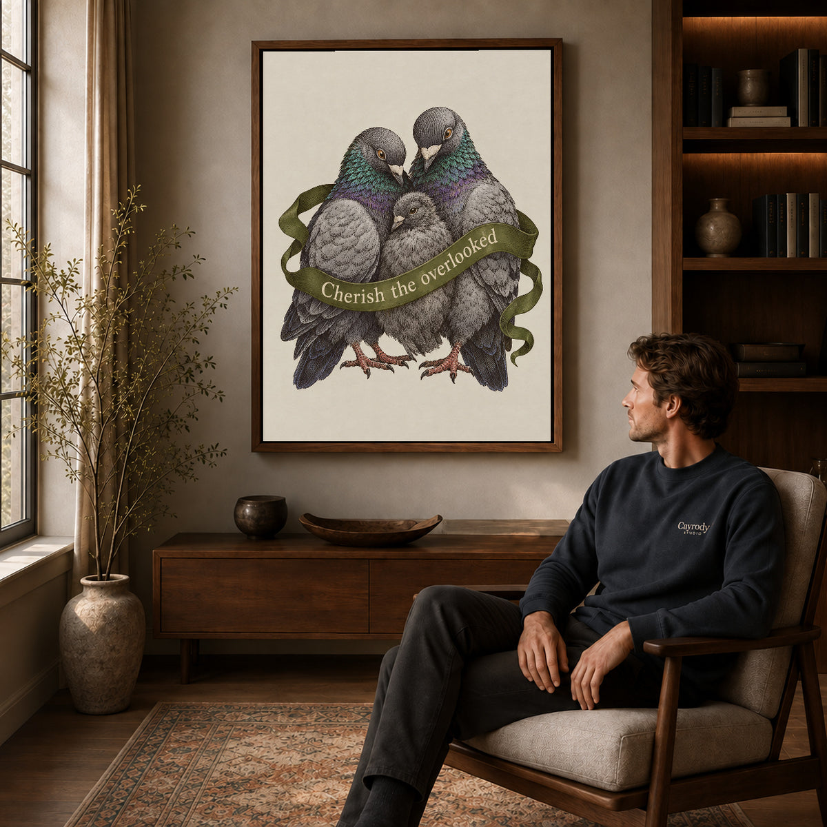 tender pigeon family canvas art in a walnut frame above a console beside a seated man.