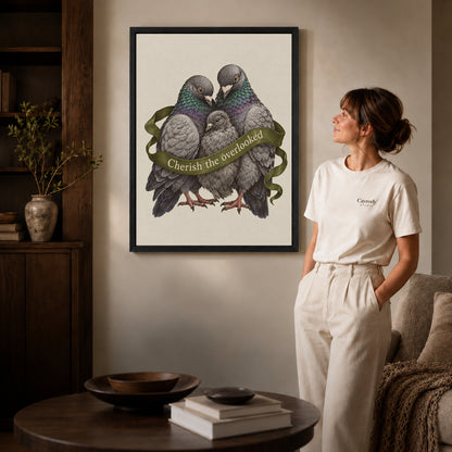 tender pigeon family canvas art in a black frame beside a woman and round wooden table.