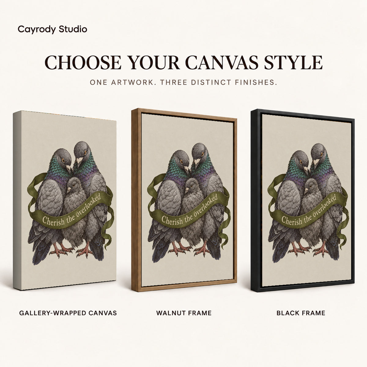 tender pigeon family canvas art compared across gallery-wrapped canvas, walnut frame, and black frame finishes.