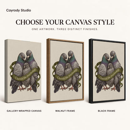 tender pigeon family canvas art compared across gallery-wrapped canvas, walnut frame, and black frame finishes.