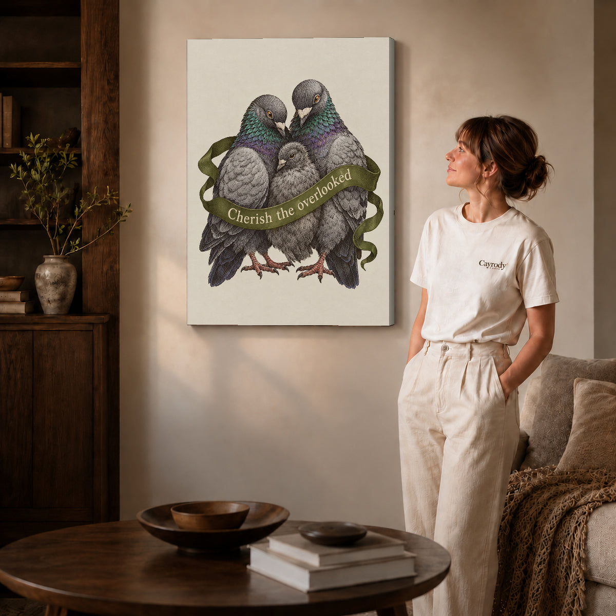 tender pigeon family canvas art shown in the gallery-wrapped option with visible depth and warm surroundings.