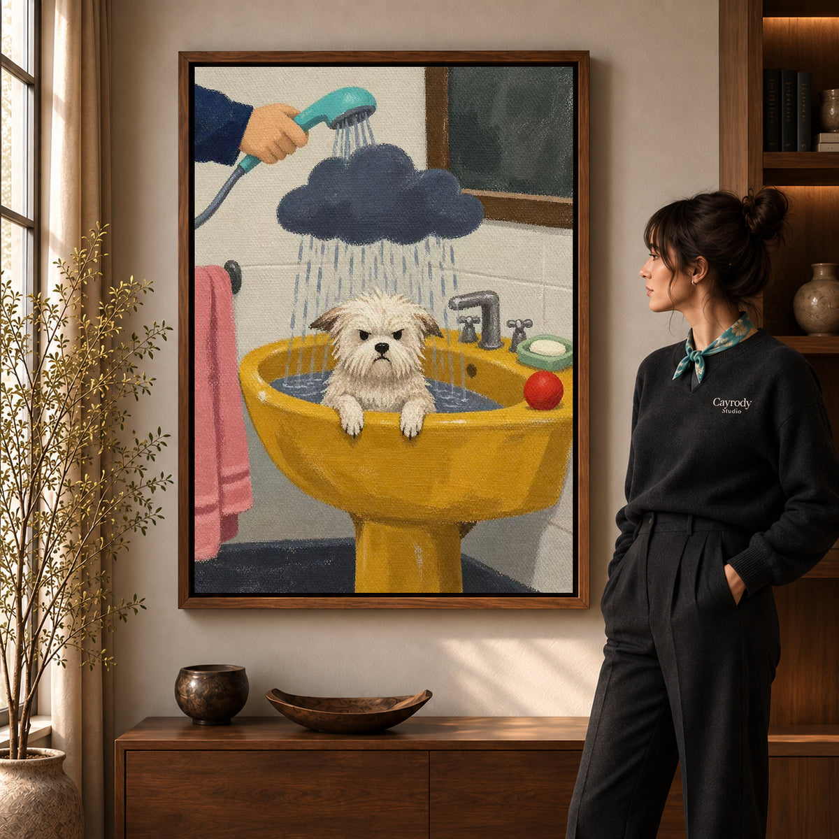 playful puppy bath canvas art in a walnut frame beside a standing woman and wooden console.