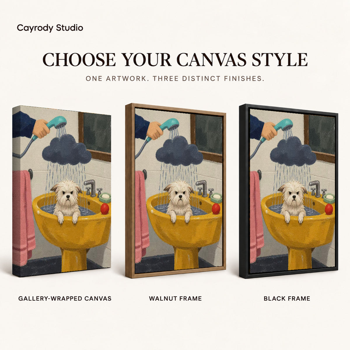 playful puppy bath canvas art compared across gallery-wrapped canvas, walnut frame, and black frame finishes.