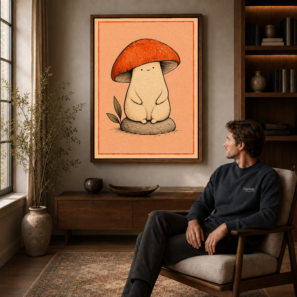 cozy mushroom friend canvas art in a walnut frame above a console beside a seated man.