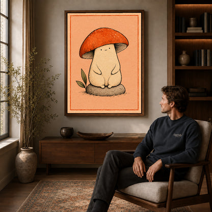 cozy mushroom friend canvas art in a walnut frame above a console beside a seated man.