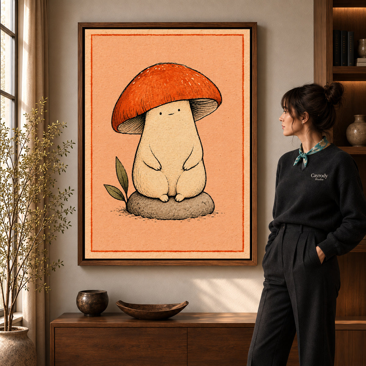 cozy mushroom friend canvas art shown in the walnut frame option within a warm living room.