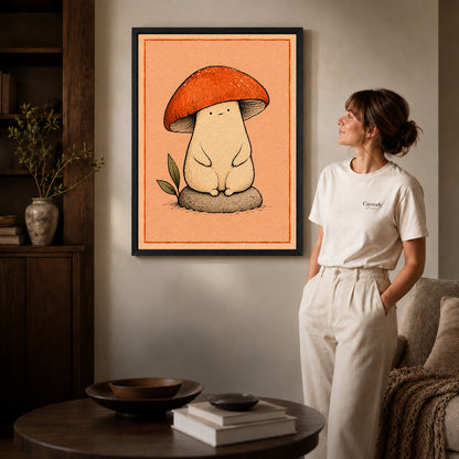 cozy mushroom friend canvas art shown in the black frame option against a softly lit wall.