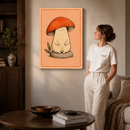 cozy mushroom friend canvas art shown in the gallery-wrapped option with visible depth and warm surroundings.