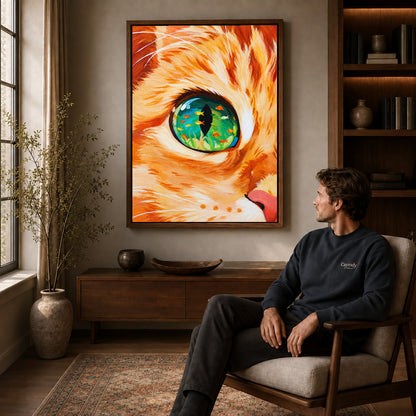 surreal aquarium cat canvas art in a walnut frame above a console beside a seated man.