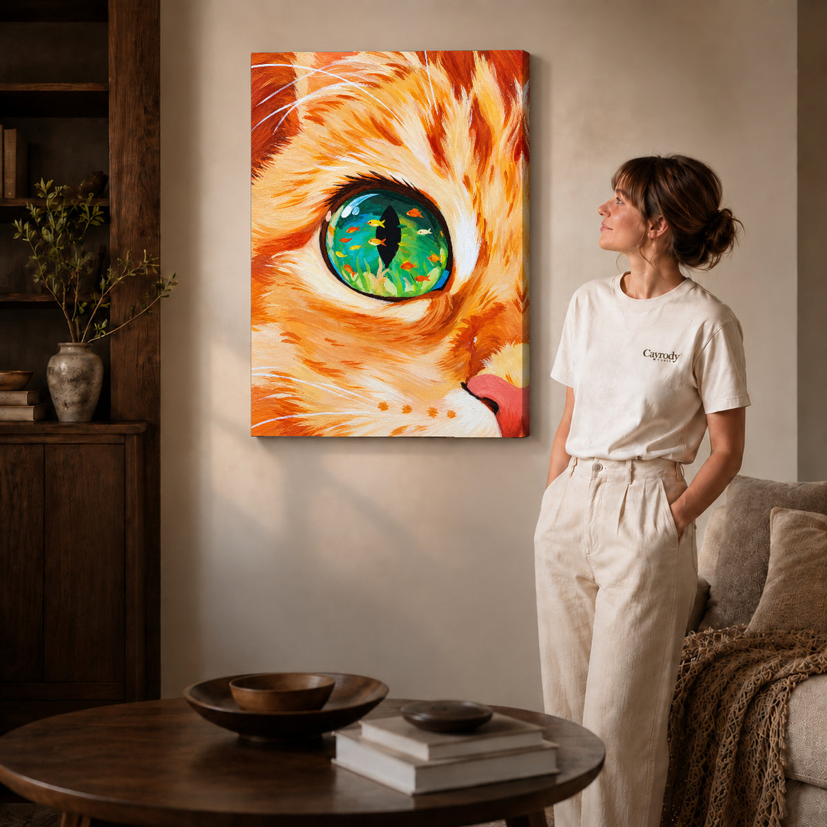 surreal aquarium cat canvas art on gallery-wrapped canvas with natural edge shading beside a standing woman.