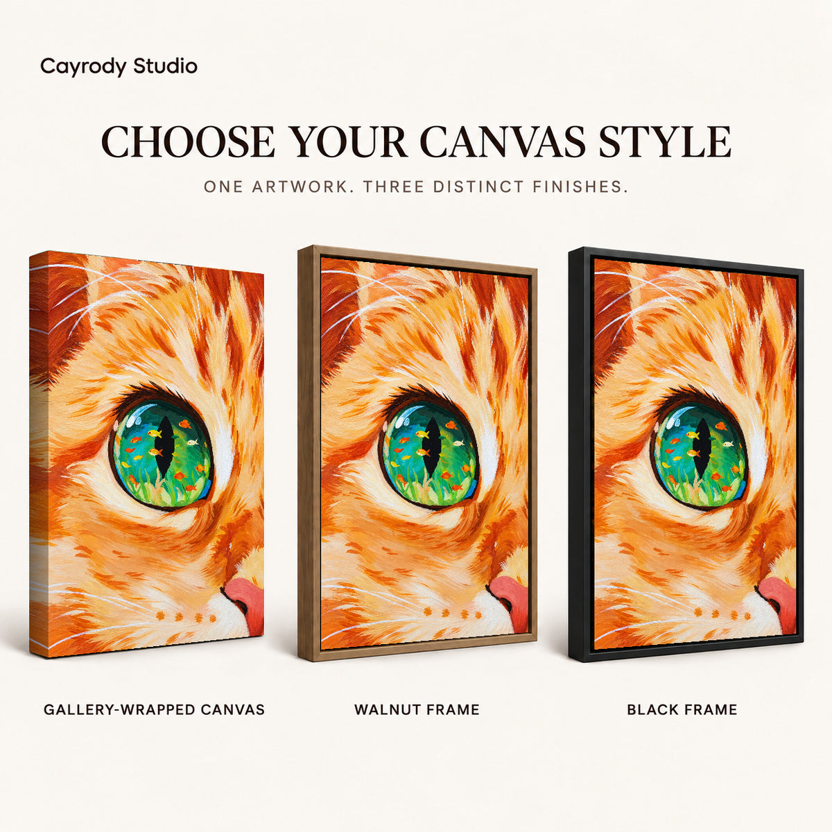 surreal aquarium cat canvas art compared across gallery-wrapped canvas, walnut frame, and black frame finishes.