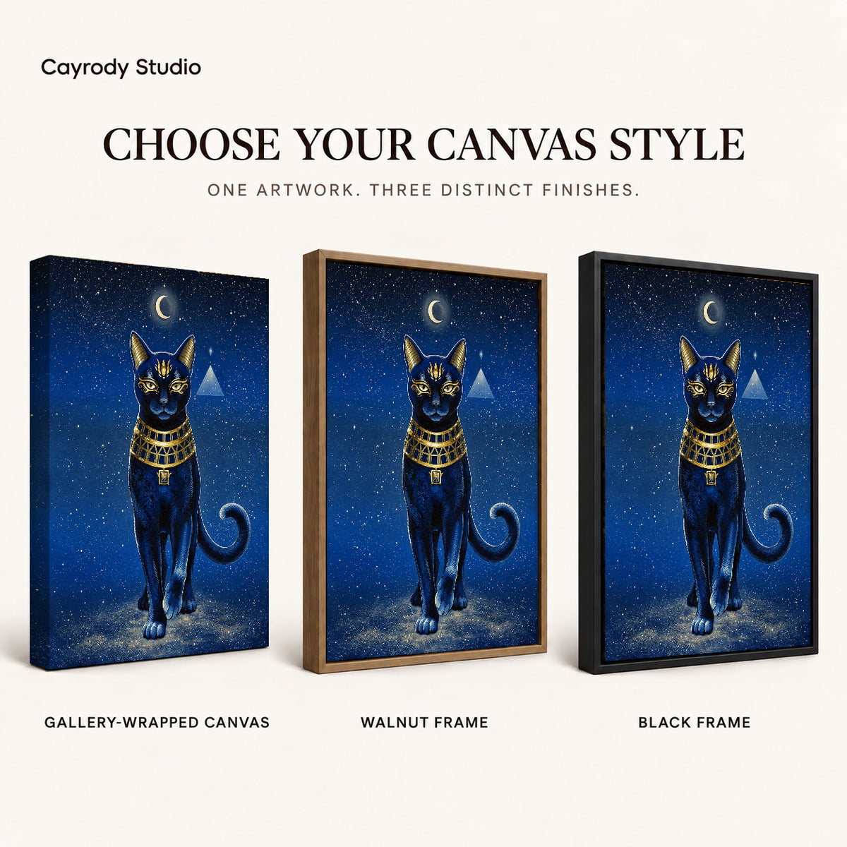 celestial golden cat canvas art compared across gallery-wrapped canvas, walnut frame, and black frame finishes.