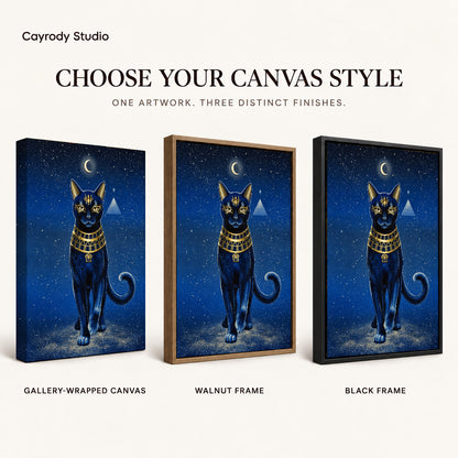 celestial golden cat canvas art compared across gallery-wrapped canvas, walnut frame, and black frame finishes.