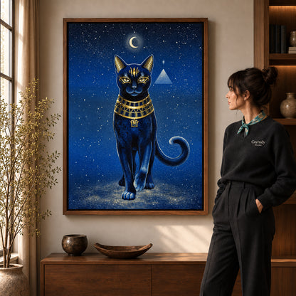 celestial golden cat canvas art shown in the walnut frame option within a warm living room.