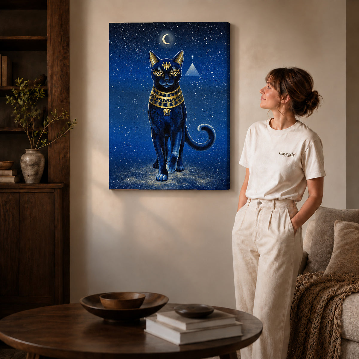 celestial golden cat canvas art shown in the gallery-wrapped option with visible depth and warm surroundings.