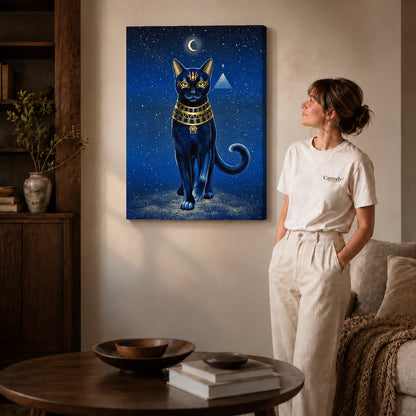 celestial golden cat canvas art shown in the gallery-wrapped option with visible depth and warm surroundings.