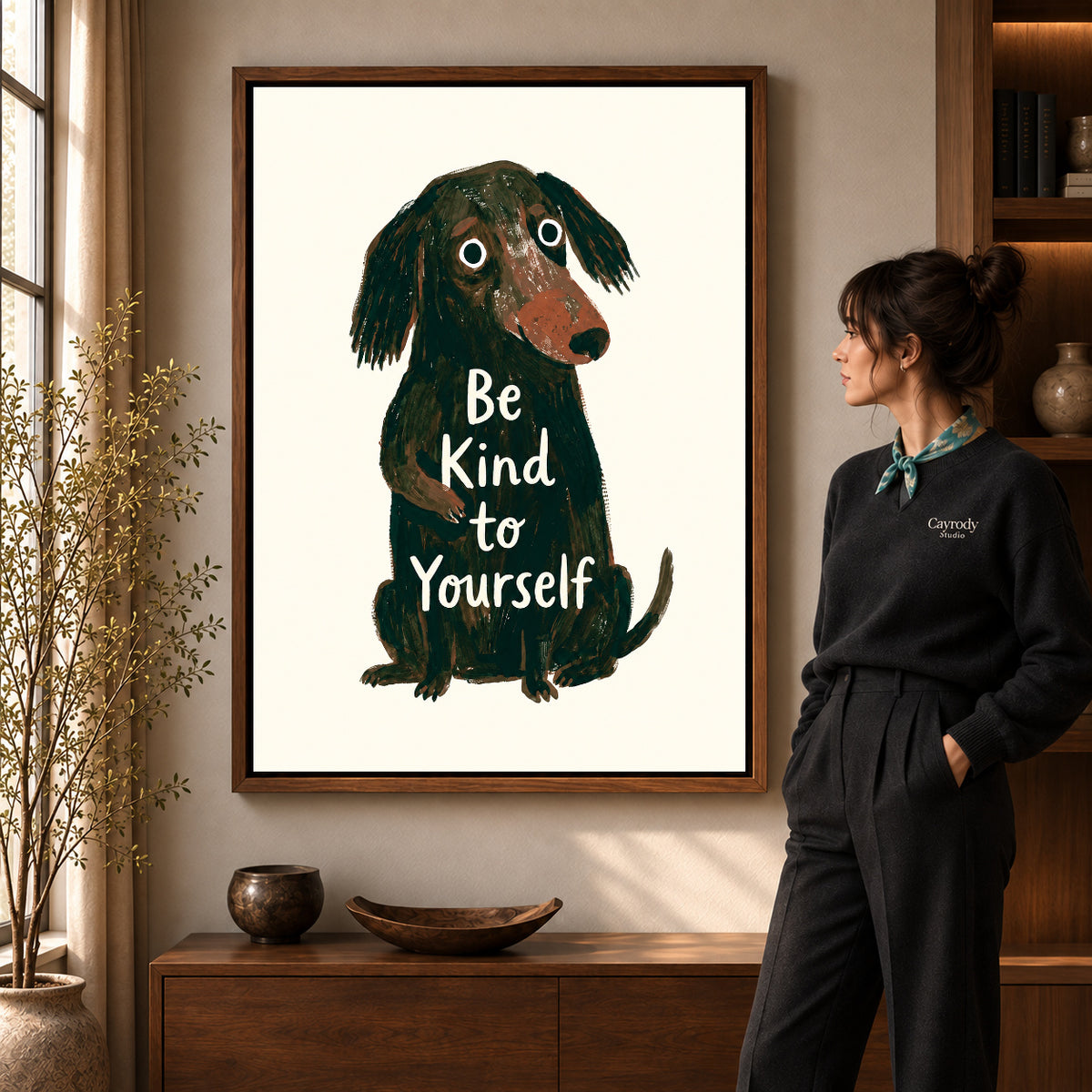 gentle kindness dog canvas art shown in the walnut frame option within a warm living room.