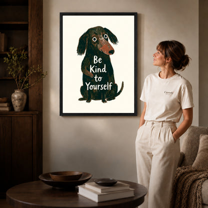 gentle kindness dog canvas art shown in the black frame option against a softly lit wall.
