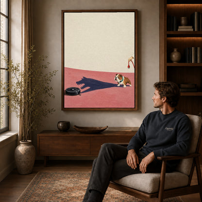 brave bulldog shadow canvas art in a walnut frame above a console beside a seated man.