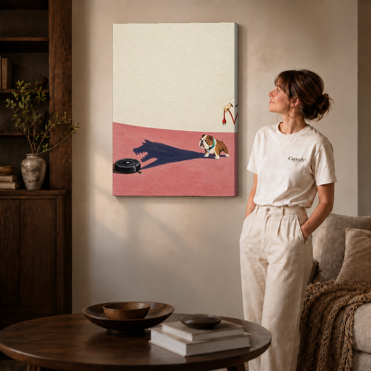 brave bulldog shadow canvas art on gallery-wrapped canvas with natural edge shading beside a standing woman.