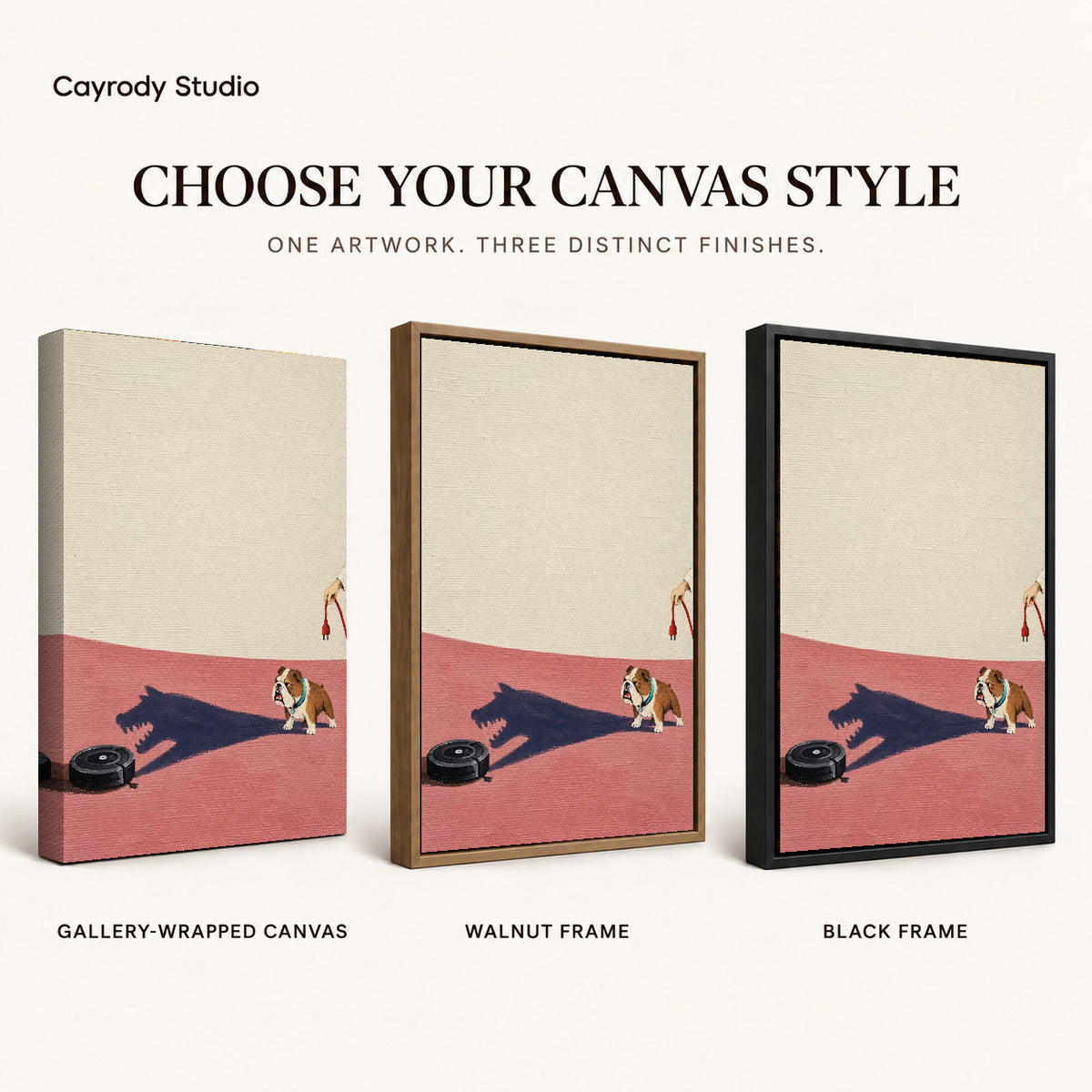 brave bulldog shadow canvas art compared across gallery-wrapped canvas, walnut frame, and black frame finishes.