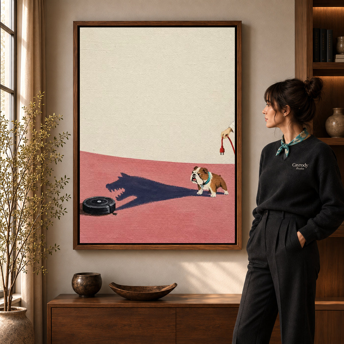 brave bulldog shadow canvas art shown in the walnut frame option within a warm living room.