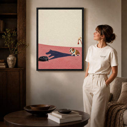 brave bulldog shadow canvas art shown in the black frame option against a softly lit wall.
