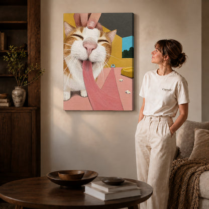 blissful long tongue cat canvas art on gallery-wrapped canvas with natural edge shading beside a standing woman.
