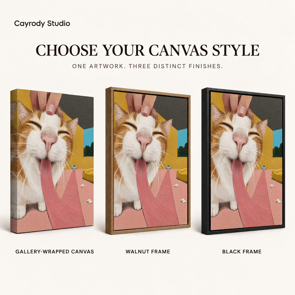 blissful long tongue cat canvas art compared across gallery-wrapped canvas, walnut frame, and black frame finishes.