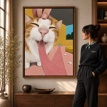 blissful long tongue cat canvas art shown in the walnut frame option within a warm living room.