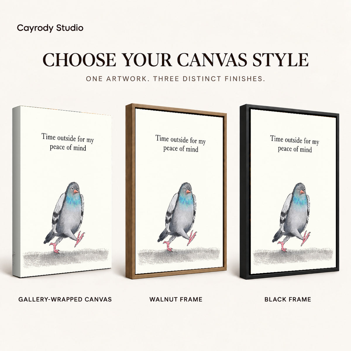 peaceful walking pigeon canvas art compared across gallery-wrapped canvas, walnut frame, and black frame finishes.