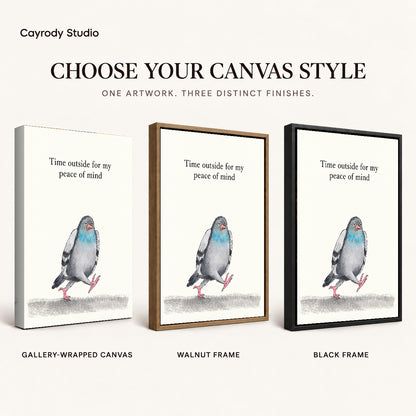 peaceful walking pigeon canvas art compared across gallery-wrapped canvas, walnut frame, and black frame finishes.