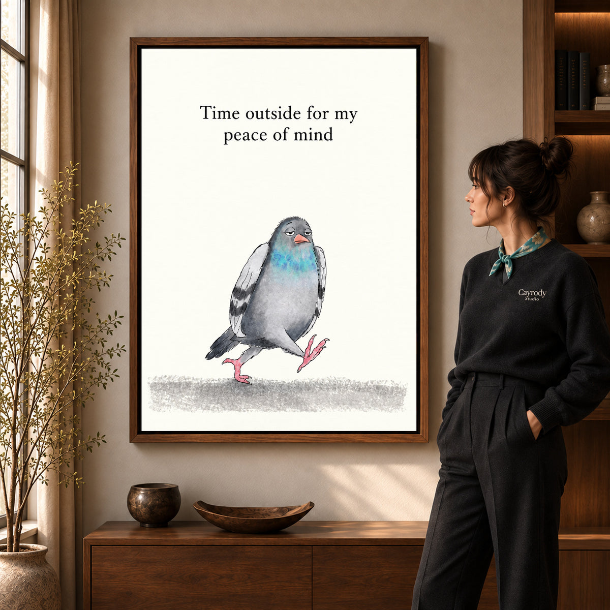 peaceful walking pigeon canvas art shown in the walnut frame option within a warm living room.